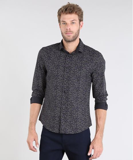 Camisa-Masculina-Slim-Estampada-Floral-Manga-Curta-Preta-9429414-Preto_1