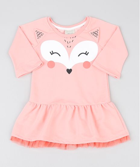 Vestido-Infantil-Raposinha-em-Moletom-com-Tule-Manga-Longa-Coral-9482708-Coral_1