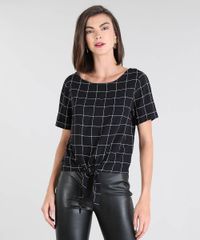 Blusa-Feminina-Estampada-Quadriculado-com-Amarracao-Manga-Curta-Preta-9564300-Preto_1