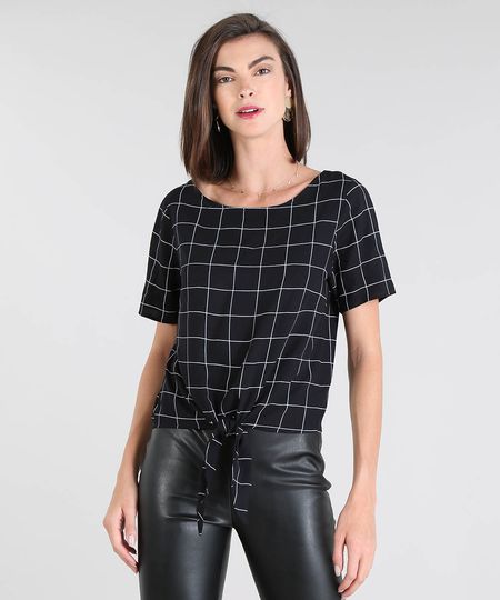 Blusa-Feminina-Estampada-Quadriculado-com-Amarracao-Manga-Curta-Preta-9564300-Preto_1