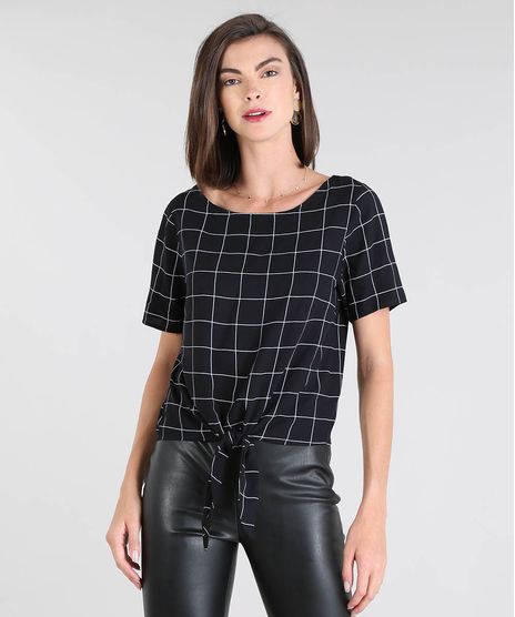 Blusa-Feminina-Estampada-Quadriculado-com-Amarracao-Manga-Curta-Preta-9564300-Preto_1