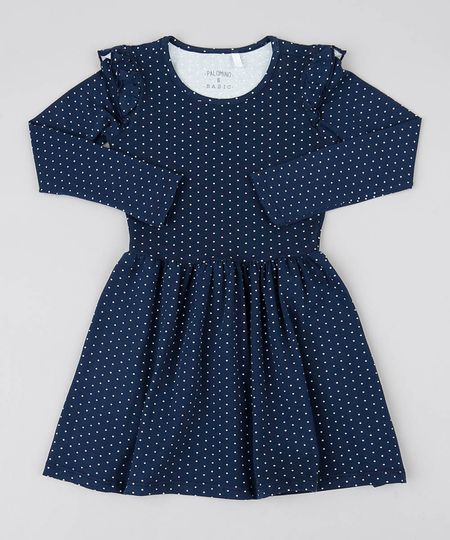 Vestido Infantil Estampado Poá com Babado Manga Longa Azul Marinho Menor preço em Vestido Infantil Estampado Poá com Babado Manga Longa Azul Marinho