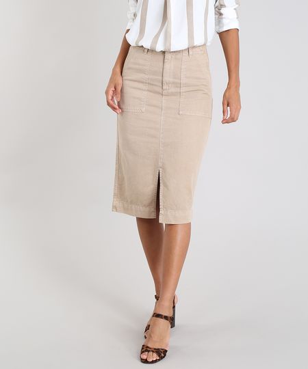 Saia Lápis de Sarja Feminina com Fenda Bege Menor preço em Saia Lápis de Sarja Feminina com Fenda Bege