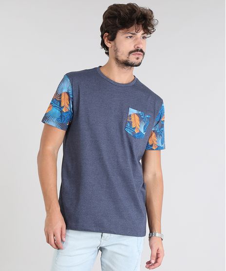 Camiseta-Masculina-com-Bolsos-Estampado-Tropical-Manga-Curta-Gola-Careca-Azul-Marinho-9525223-Azul_Marinho_1