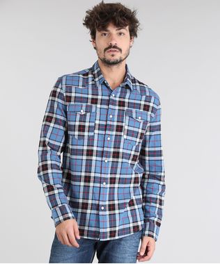 Camisa-Masculina-em-Flanela-Estampada-Xadrez-com-Bolso-Manga-Longa-Azul-Claro-9383070-Azul_Claro_1