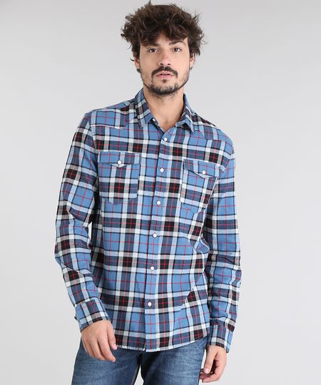 Camisa-Masculina-em-Flanela-Estampada-Xadrez-com-Bolso-Manga-Longa-Azul-Claro-9383070-Azul_Claro_1