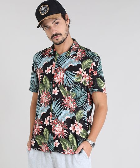 Camisa-Masculina-Estampada-Tropical-com-Bolso-Manga-Curta-Preta-9525315-Preto_1 Camisa-Masculina-Estampada-Tropical-com-Bolso-Manga-Curta-Preta-9525315-Preto_1