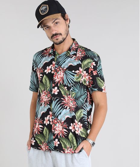 Camisa-Masculina-Estampada-Tropical-com-Bolso-Manga-Curta-Preta-9525315-Preto_1