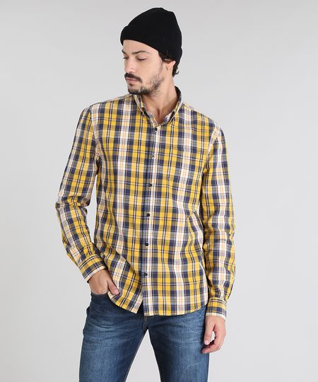 Camisa-Masculina-Estampada-Xadrez-com-Bolso-Manga-Longa-Amarela-9450957-Amarelo_1