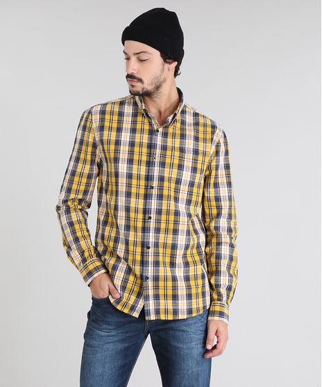 Camisa-Masculina-Estampada-Xadrez-com-Bolso-Manga-Longa-Amarela-9450957-Amarelo_1
