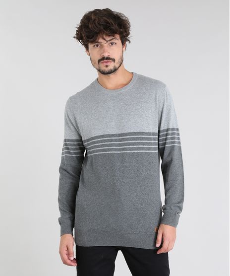 Sueter-Masculino-em-Trico-Listrado-Gola-Redonda-Cinza-Mescla-9475498-Cinza_Mescla_1