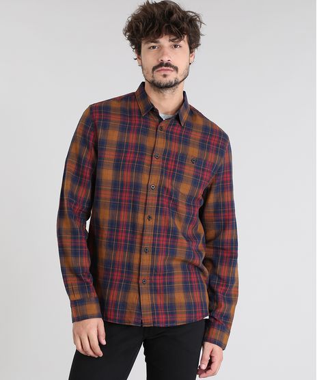 Camisa-Masculina-Estampada-Xadrez-com-Bolso-Manga-Longa-Caramelo-8448868-Caramelo_1