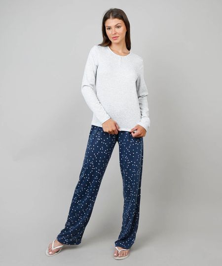 Pijama Feminino Estampado Corações Manga Longa Cinza Mescla Claro Menor preço em Pijama Feminino Estampado Corações Manga Longa Cinza Mescla Claro