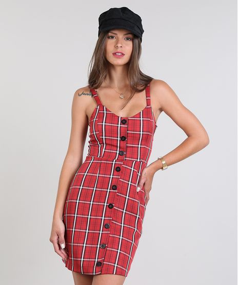 Vestido-Feminino-Estampado-Xadrez-com-Botoes-Vermelho-9564230-Vermelho_1
