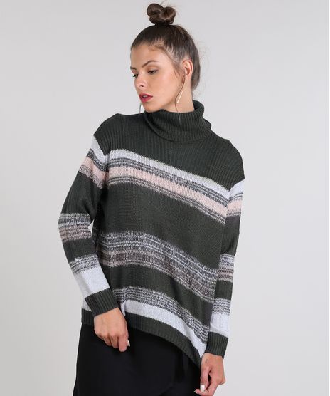 Sueter-Feminino-Amplo-em-Trico-Listrado-Gola-Role-Cinza-Escuro-9349826-Cinza_Escuro_1