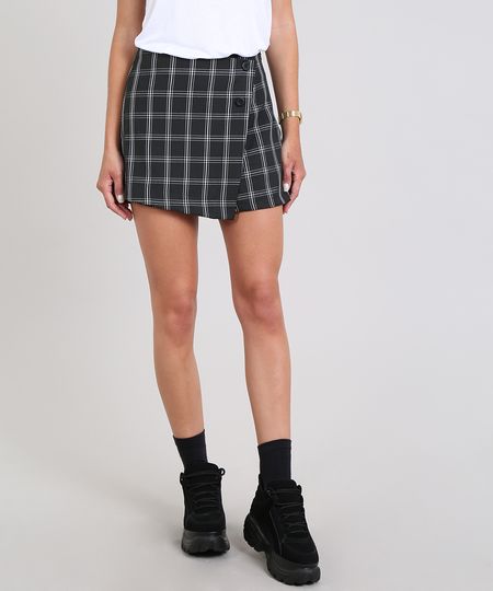 Short-Saia-Feminina-Estampada-Xadrez-com-Botoes-Preto-9564228-Preto_1 Short-Saia-Feminina-Estampada-Xadrez-com-Botoes-Preto-9564228-Preto_1