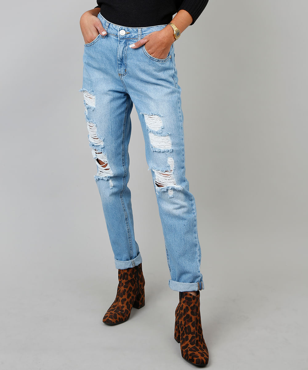 calça jeans feminina mom destroyed