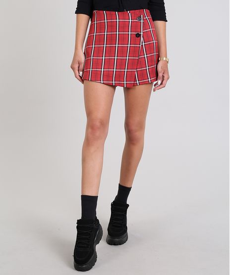 Short-Saia-Feminina-Estampada-Xadrez-com-Botoes-Vermelho-9564229-Vermelho_1