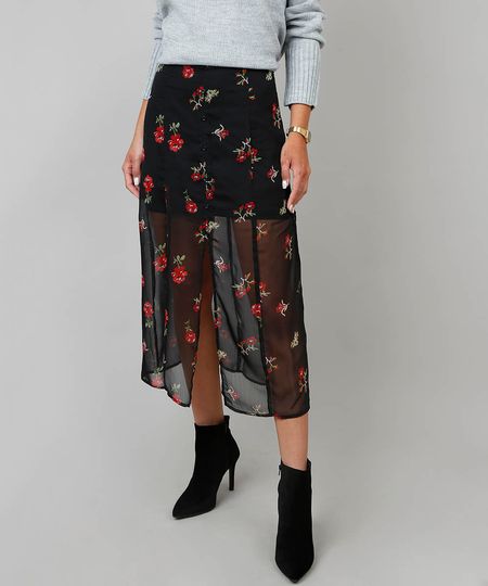 Saia-Feminina-Midi-Estampa-Floral-com-Fenda-e-Transparencia-Preta-9452013-Preto_1