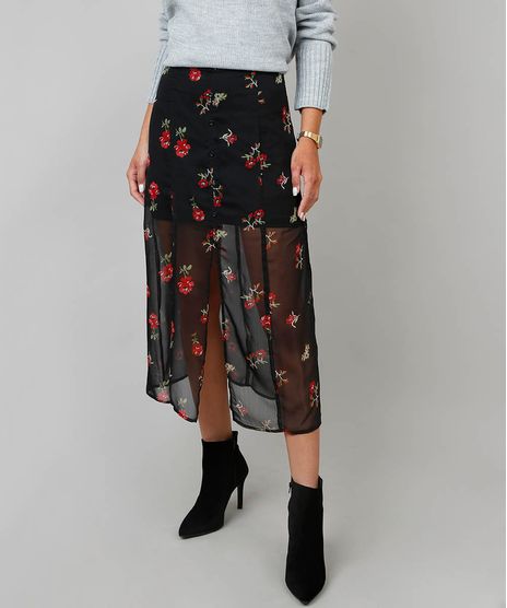Saia-Feminina-Midi-Estampa-Floral-com-Fenda-e-Transparencia-Preta-9452013-Preto_1