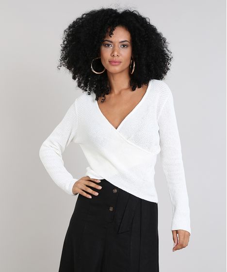 Blusa Feminina Em Trico Cruzado Manga Longa Off White Cea