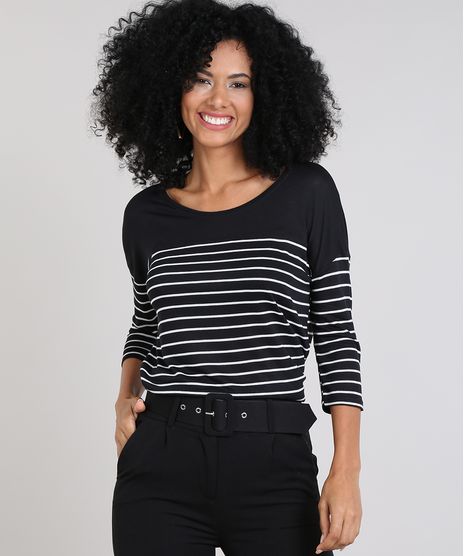 Blusa-Feminina-Listrada-em-Trico-Manga-7-8-Preta-9548894-Preto_1