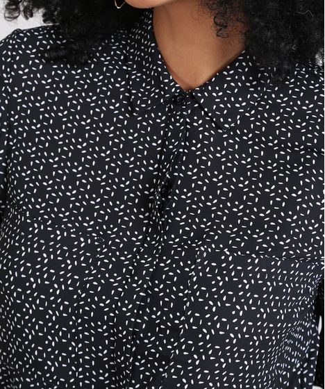 Camisa Feminina Estampada Abstrata com Bolsos Manga Longa Preta - cea