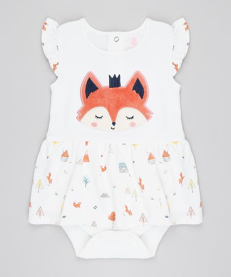Body Saia Infantil Raposinha Decote Redondo Sem Manga Off White Menor preço em Body Saia Infantil Raposinha Decote Redondo Sem Manga Off White