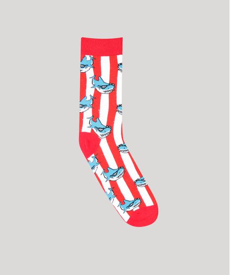 Meia-Masculina-Estampada-de-Tubarao-Cano-Longo-Vermelha-9429289-Vermelho_1