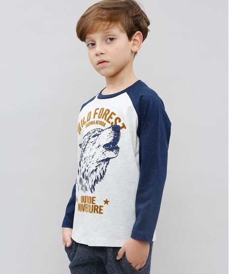 Camiseta-Raglan-Infantil-Lobo--Wild-Forest--Manga-Longa-Gola-Careca-Cinza-Mescla-Claro-9527100-Cinza_Mescla_Claro_1