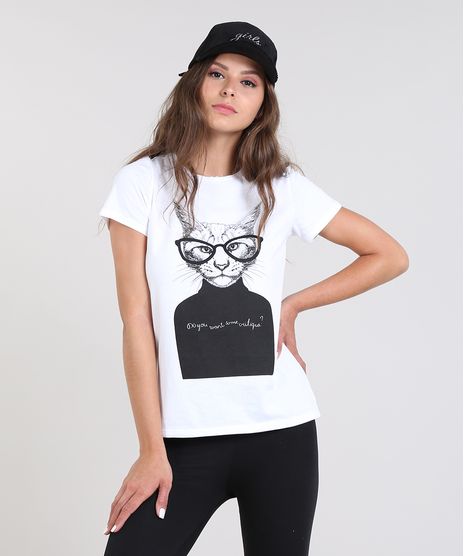 Blusa-Feminina-com-Estampada-de-Gato-Manga-Curta-Decote-Redondo-Off-White-9565187-Off_White_1