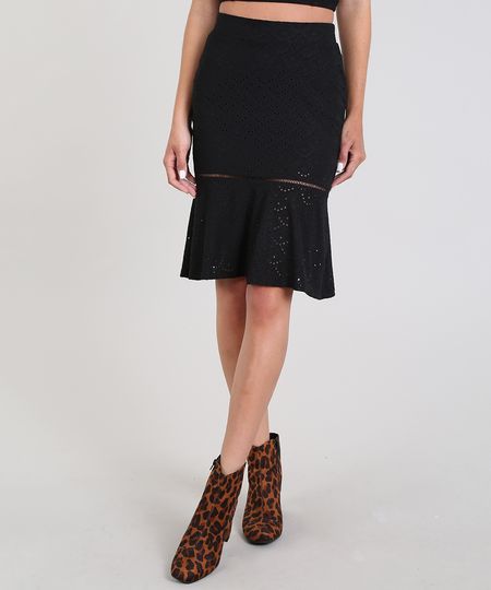 Saia Feminina Midi Em Laise Preta Menor preço em Saia Feminina Midi Em Laise Preta