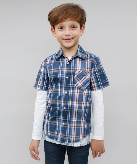 Camisa-Infantil-Estampada-Xadrez-com-Bolso-Manga-Curta-Azul-9387515-Azul_1