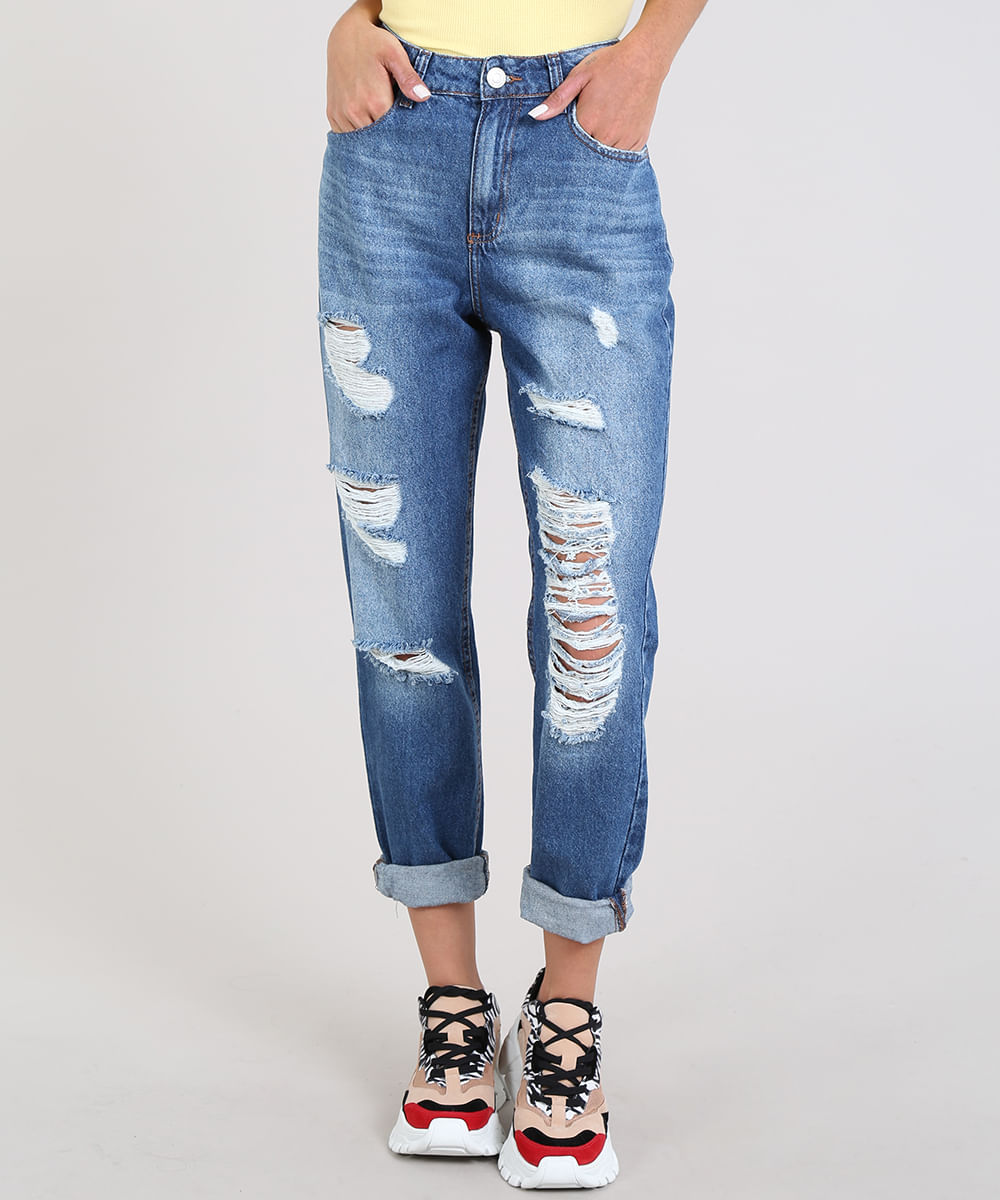 calça jeans feminina mom pants azul médio