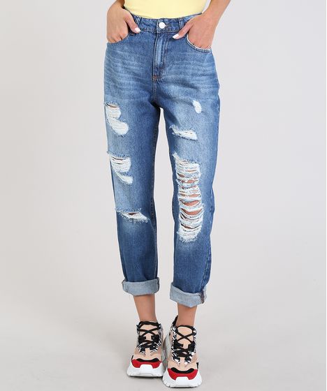 calça jeans feminina mom destroyed