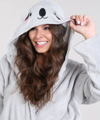 Roupao-Feminino-em-Fleece-Estampado-de-Coala-com-Capuz-Manga-Longa-Cinza-9370784-Cinza_3