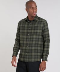 Camisa-Masculina-Comfort-Estampada-Xadrez-em-Flanela-Manga-Longa-Verde-Militar-9440152-Verde_Militar_1