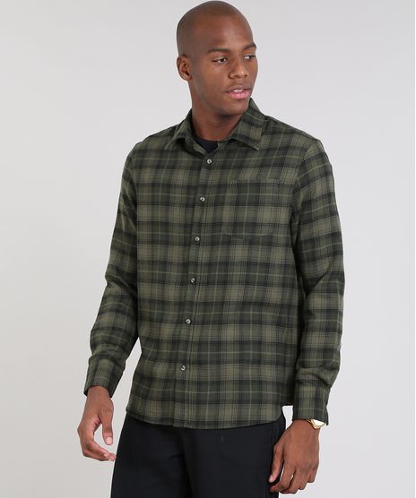 Camisa-Masculina-Comfort-Estampada-Xadrez-em-Flanela-Manga-Longa-Verde-Militar-9440152-Verde_Militar_1