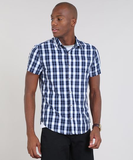 Camisa-Masculina-Slim-Estampada-Xadrez-Manga-Curta-Azul-Marinho-9436453-Azul_Marinho_1
