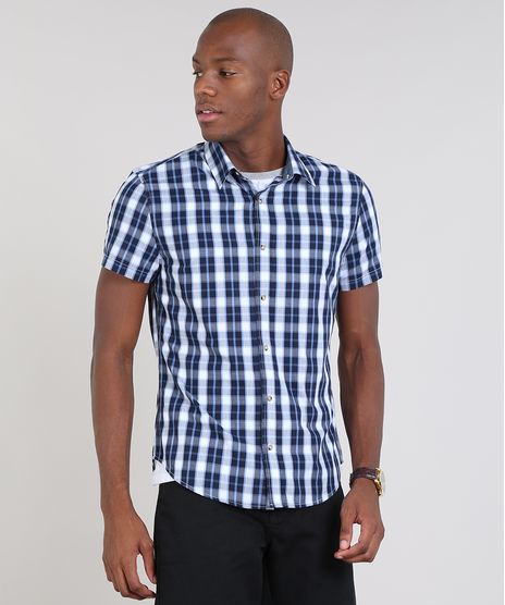 Camisa-Masculina-Slim-Estampada-Xadrez-Manga-Curta-Azul-Marinho-9436453-Azul_Marinho_1