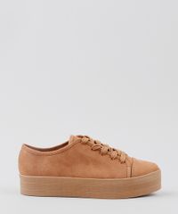 tênis feminino moleca flatform em suede caramelo