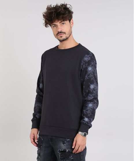 Blusao-Masculino-com-Estampa-Floral-em-Moletom-Gola-Careca-Preto-9486883-Preto_1