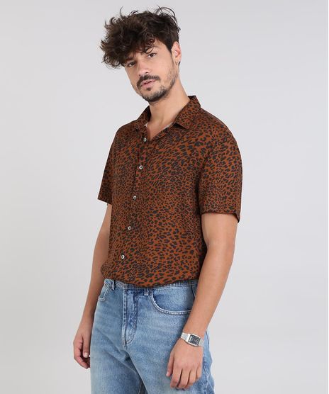 Camisa-Masculina-Estampada-Animal-Print-Manga-Curta-Caramelo-9542848-Caramelo_1