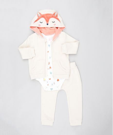 Conjunto-Infantil-Raposa-de-Body-Estampado-Manga-Curta-Off-White---Blusao-com-Capuz---Calca-em-Moletom-Bege-9450976-Bege_1