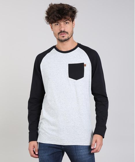 Camiseta Masculina Raglan Botone Com Bolso Manga Longa Gola Careca