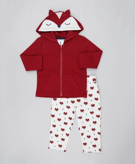 Conjunto-Infantil-Raposa-de-Body-Manga-Longa-Off-White---Blusao-com-Capuz-Vinho---Calca-Estampada-em-Moletom-Bege-Claro-9450996-Bege_Claro_1