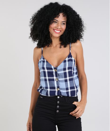 Regata-Feminina-Estampada-Xadrez-com-Botoes-Decote-V-Azul-9550988-Azul_1