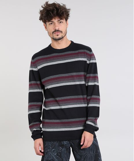 Sueter-Masculino-Listrado-em-Trico-Gola-Careca-Preto-9323657-Preto_1