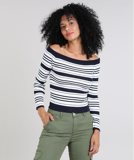 Blusa Feminina Em Trico Listrada Ombro A Ombro Manga Longa Azul
