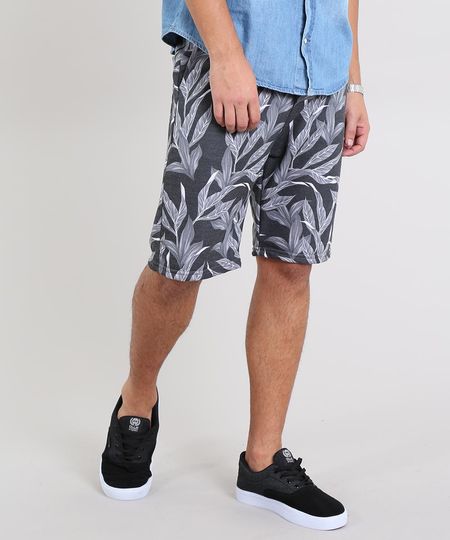 Bermuda-Masculina-Relaxed-Estampada-de-Folhagem-em-Moletom-Preta-9467474-Preto_1